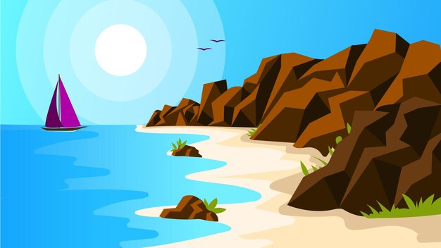 Playa de mar con colina día luz brillante paisaje vector ilustración diseño plano