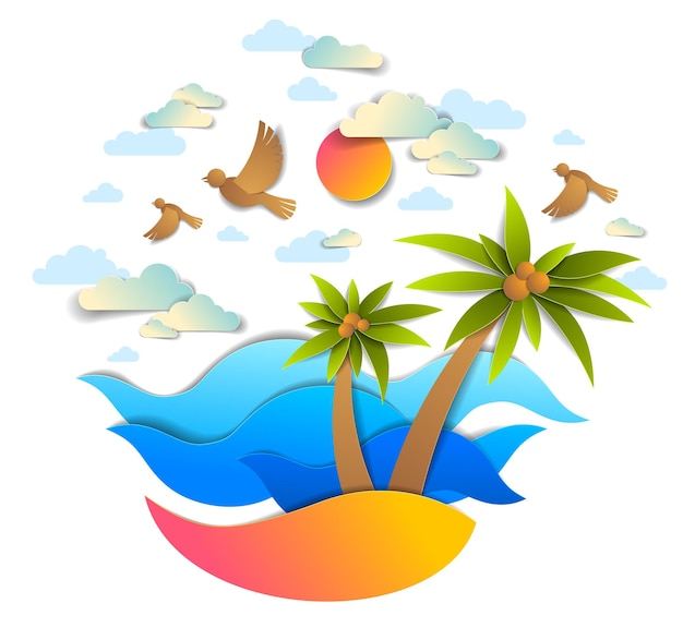 Playa con palmeras, olas marinas, paisajes marinos perfectos, pájaros, nubes y sol en el cielo, vacaciones de verano en la playa, tema, corte de papel, estilo, ilustración vectorial.