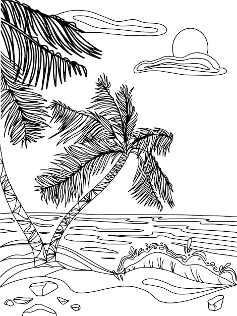 Playa soleada con palmeras y mar, vacaciones junto al mar, ilustración, libro para colorear