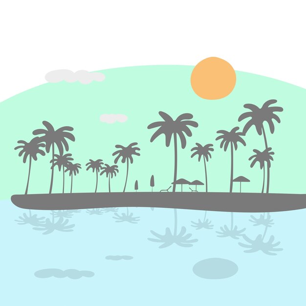 Playa soleada con sombrillas de palmeras vector de ilustración aislado en fondo blanco