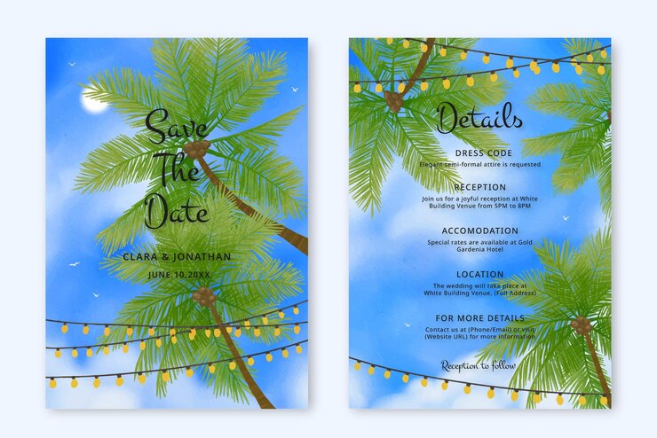 Playa tropical con palma y fondo de cielo azul invitación de boda