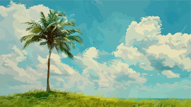 Playa tropical con palmeras e ilustración vectorial de la puesta de sol