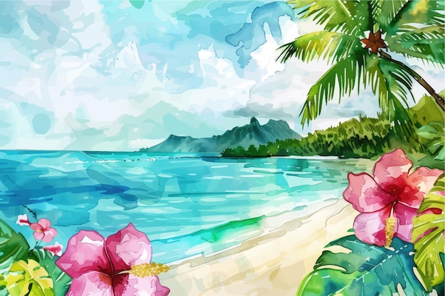 Vector playa tropical con palmeras e ilustración vectorial de la puesta de sol