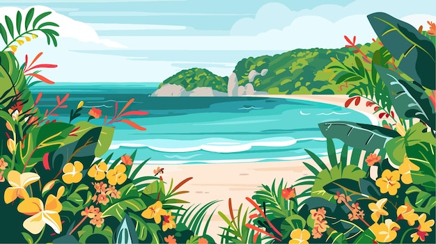 Vector playa tropical con palmeras e ilustración vectorial de la puesta de sol