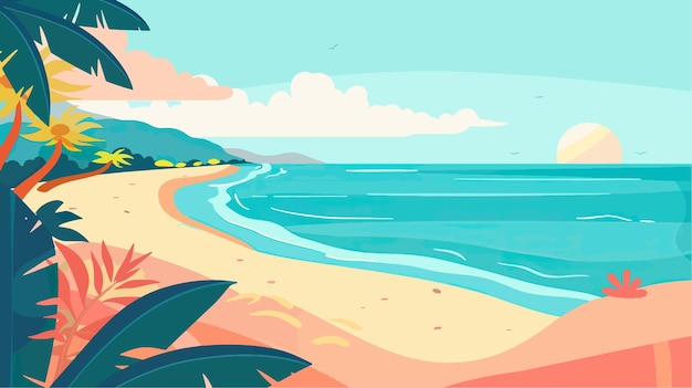 Playa tropical con palmeras e ilustración vectorial de la puesta de sol