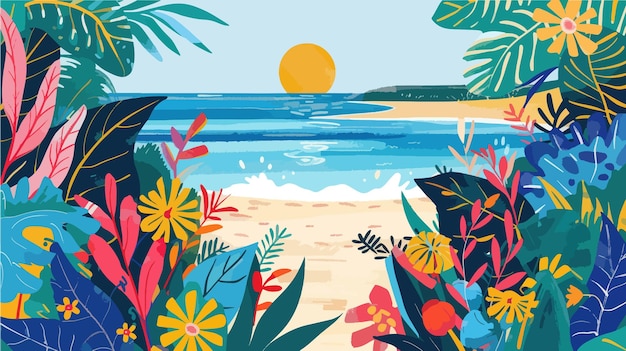 Vector playa tropical con palmeras e ilustración vectorial de la puesta de sol