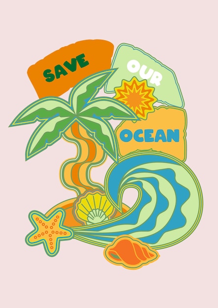 Playa tropical paraíso psicodélico con vector de impresión gráfica de slogan de guardar el océano