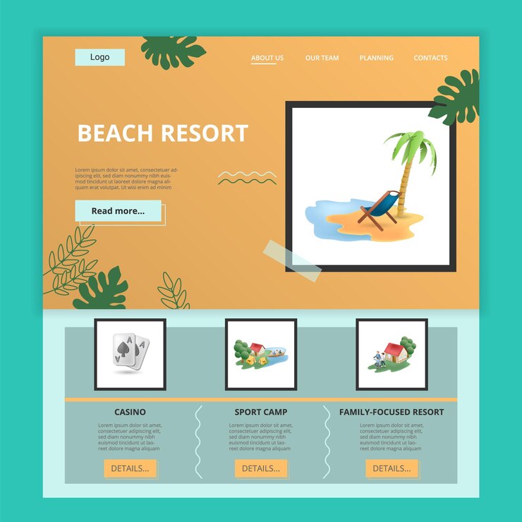 Vector playa de vacaciones plana página de aterrizaje plantilla de sitio web casino deporte