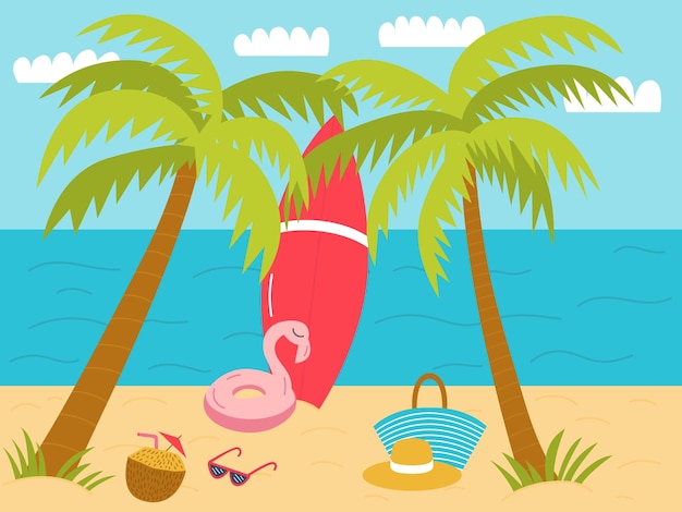 Playa vectorial con palmeras y hamaca ilustración plana Paisaje de playa de arena plana con anillo de goma de tabla de surf y cóctel de coco
