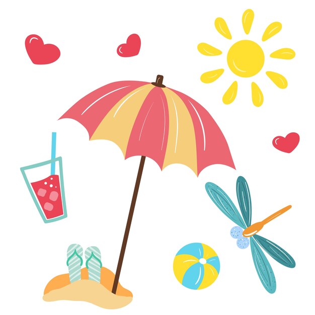 Playa de verano establece iconos de elementos de diseño de ilustración de vector plano Objetos aislados sobre fondo blanco Plantillas para carteles invitaciones de fiesta pegatinas tarjetas regalo