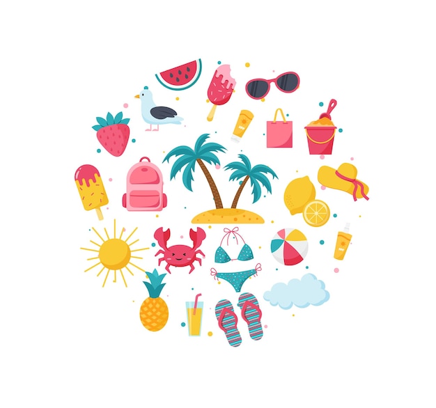 Playa de verano con muchos iconos. ilustración vectorial de dibujos animados. EPS 10
