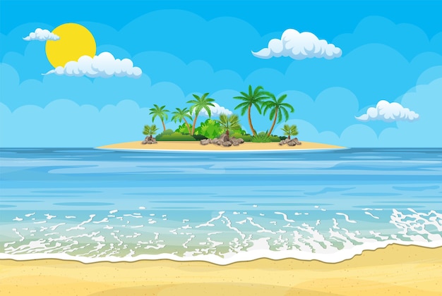 Playa de verano con sol, palmeras y cielo despejado