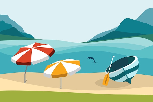 Playa de verano con sombrillas de colores Diseño plano