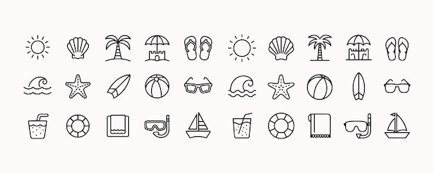 playas iconas de línea conjunto de arena de mar vacaciones ilustración vectorial tropical