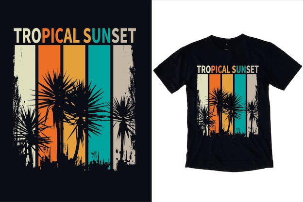 playera tropical estilo vintage de cepillo de palma de playa puesta de sol