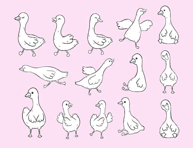 playful and whimsical silly goose black and white clipart adorable hand drawn coloring cartoon set