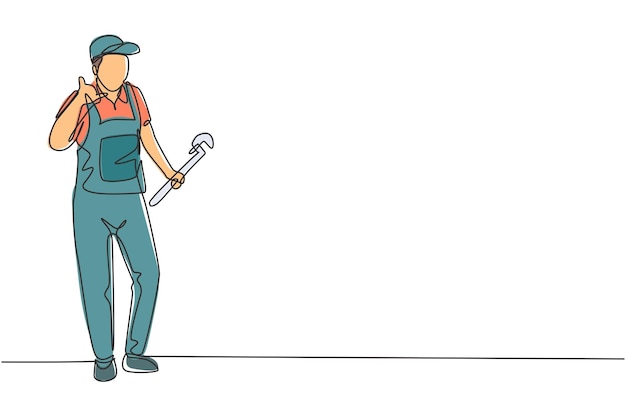 Un plomero de dibujo de una sola línea se para con un gesto de llamarme y sostiene un vector de diseño de herramientas de carpintería