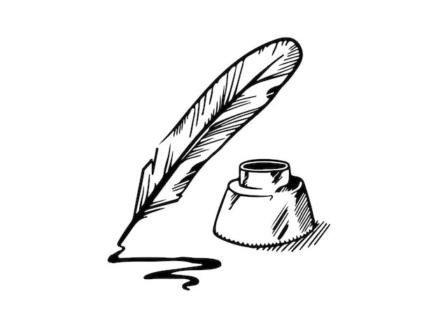 Pluma de canilla dibujada a mano con un tintero