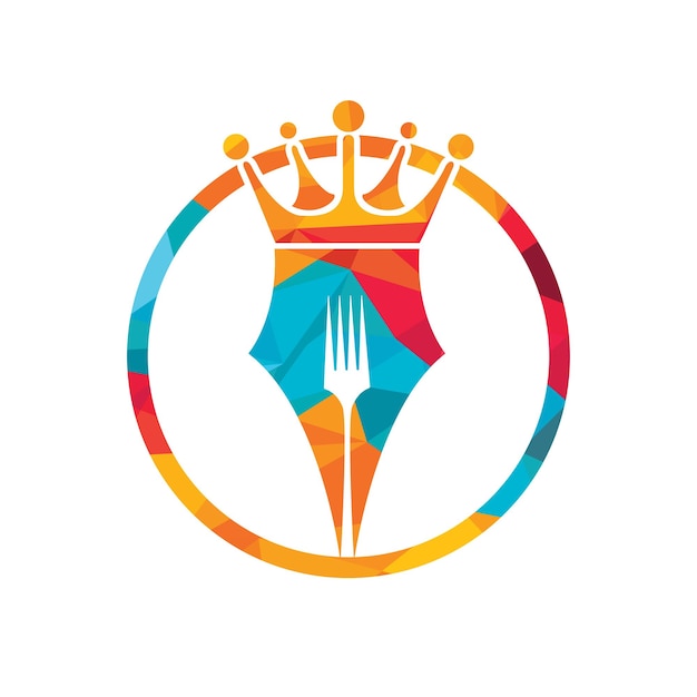 Pluma con diseño de logotipo de icono de vector de corona y tenedor