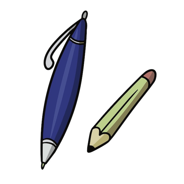 Pluma de escritura azul y una ilustración de vector de lápiz pequeño en estilo de dibujos animados