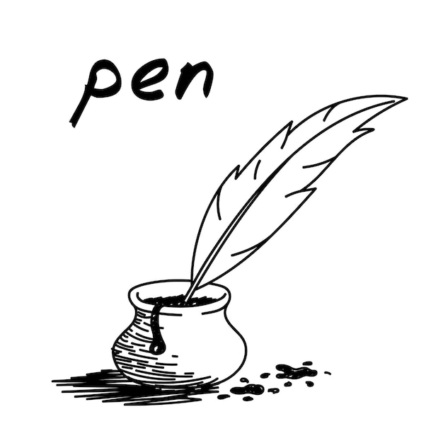 Pluma estilográfica dibujada a mano Prediseñadas de vector de dibujos animados de pluma en botella de tinta