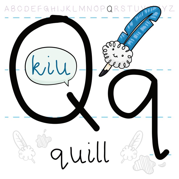 Vector pluma feliz lista para hacer su tarea sobre la letra 'q' y practicar su pronunciación en inglés