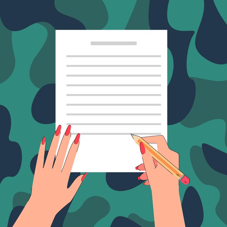 Vector pluma y hoja de papel sobre fondo de camuflaje. persona que escribe una declaración o una petición de ilustración vectorial plana. militar, concepto de documento para banner, diseño de sitio web o página web de destino