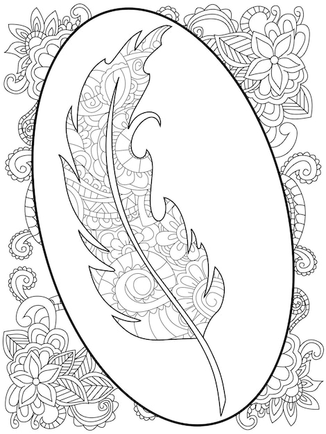 Pluma en el marco alrededor de los patrones abstractos para colorear vector para adultos