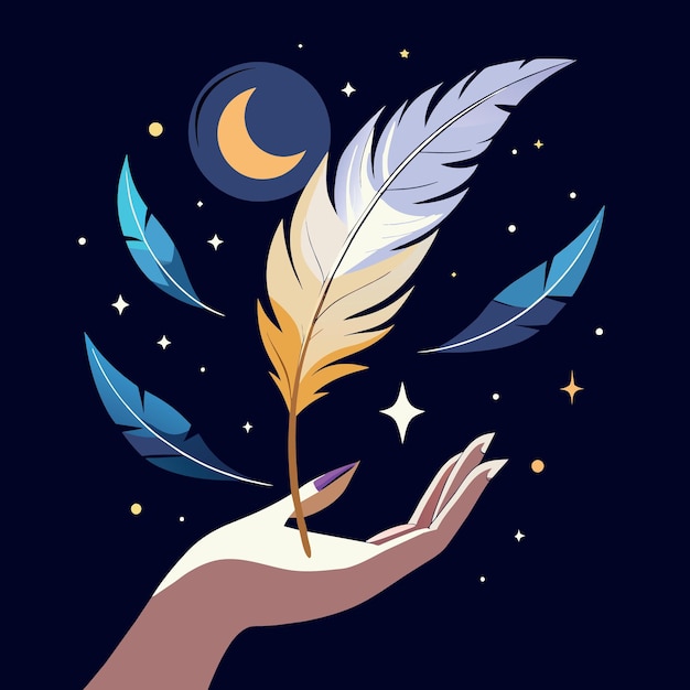 Pluma mística de pluma celestial sobre la mano de la mujer Símbolo espiritual elegante para el logotipo del nombre de la marca