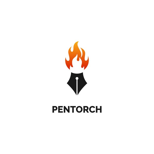 Pluma con plantilla de vector de diseño de logotipo de llama de fuego de antorcha ardiente