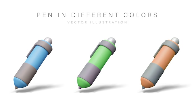 Pluma realista automática en posición inclinada Conjunto de objetos de diferentes colores