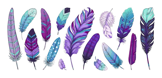 Pluma tribal Pluma de pájaro exótico dibujada a mano con adornos étnicos indios y texturas rústicas vintage Decoración de plumaje natural nativo americano Pluma de escritura Vector aislado violeta Boho elementos conjunto