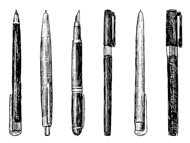 Vector plumas de bolas plumas de punta de fieltro plumas de fuente pluma de escritura diferente instrumento de dibujo conjunto vector negro y blanco