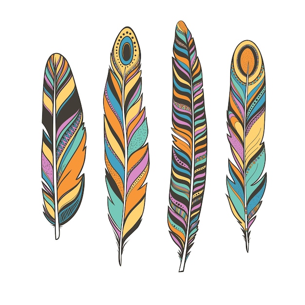 Vector plumas de colores estilo boho dibujado a mano vector plumas de pájaro