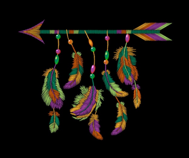 Las plumas coloridas bordan la flecha, ropa india tribal de boho plantilla india americana