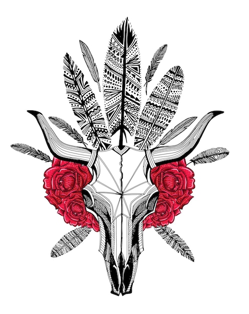 Plumas de cráneo de toro tribal y rosas