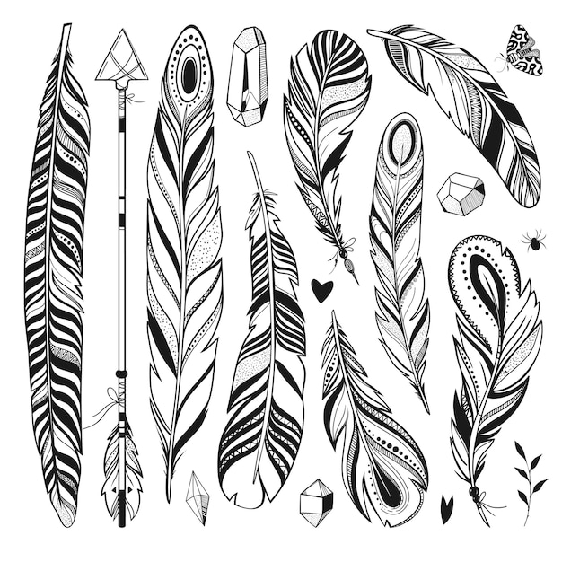 Vector plumas, cristales, flecha, mariposa y otros elementos dibujados a mano aislados en blanco