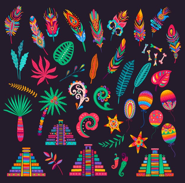 plumas mexicanas, huesos y palmas, pirámides y flores, pimientos, hojas