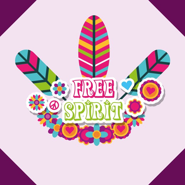 plumas multicolores flores retro hippie espíritu libre