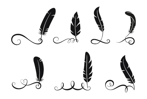 Vector plumas negras elementos de caligrafía escrita remolinos aislados florecen líneas de filigrana con plumas vector diseño gráfico letras vintage colas ilustración de pincel de pluma negra