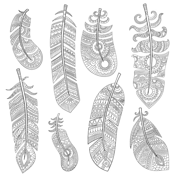 Plumas tribales. Textura auténtica de grunge de imágenes aisladas de plumas indias de moda