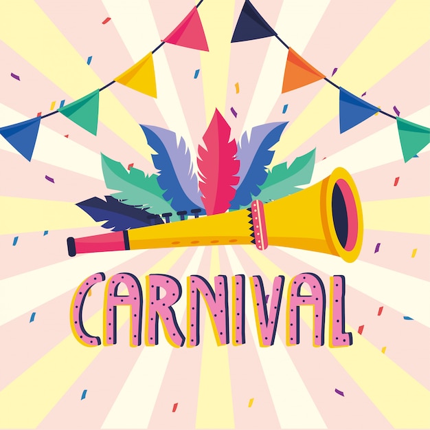 Plumas con trompeta y fiesta al carnaval.