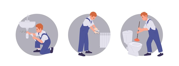 Plumber reparando fregadero de inodoro roto o radiador de calefacción proporcionando servicio profesional en el hogar conjunto de composición redonda Desbloqueo fijación de fugas ajuste e instalación de ilustraciones vectoriales de aparatos