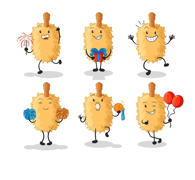 Plumero celebración conjunto personaje de dibujos animados mascota vector