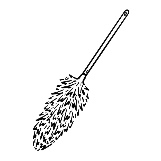 Plumero con mango largo para limpieza aislado en blanco ilustración dibujada a mano en estilo garabato