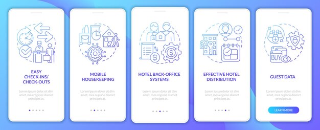 PMS en hoteles Pantalla de aplicación móvil de incorporación de degradado azul Tutorial técnico Páginas de instrucciones gráficas de 5 pasos con conceptos lineales UI UX Plantilla de GUI Myriad ProBold Fuentes regulares utilizadas