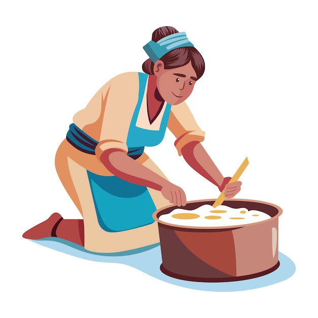Pobre dama cocinando una ilustración de comida en estilo plano