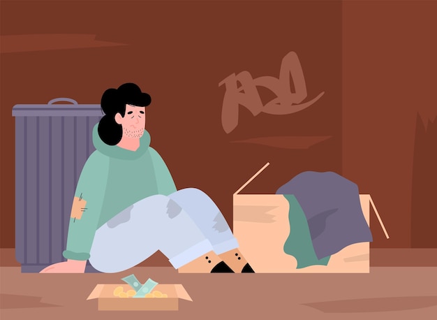 Pobre hombre desempleado sin hogar sentado cerca de la caja de donación una ilustración vectorial