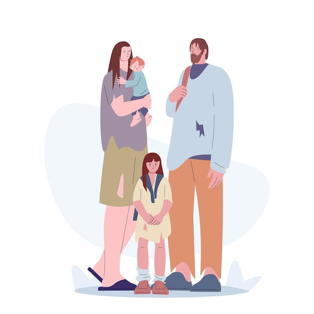 Pobreza familia pobre con bebé Refugiados preocupados problemas sociales y migración Niño y padres personas sin hogar personajes vectoriales kicky
