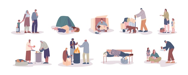 La pobreza y los problemas de los refugiados La gente pobre triste duerme en la calle La mujer y el hombre sin hogar La persona mendiga hambrienta necesita ayuda social